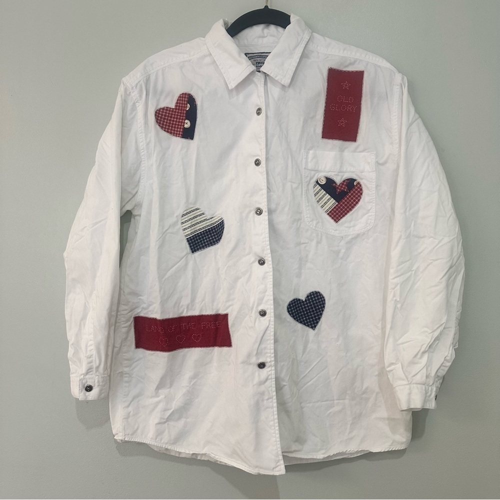Vintage Authentic Lee Button Front Shirt Patriotic USA Hearts Flag Size Medium